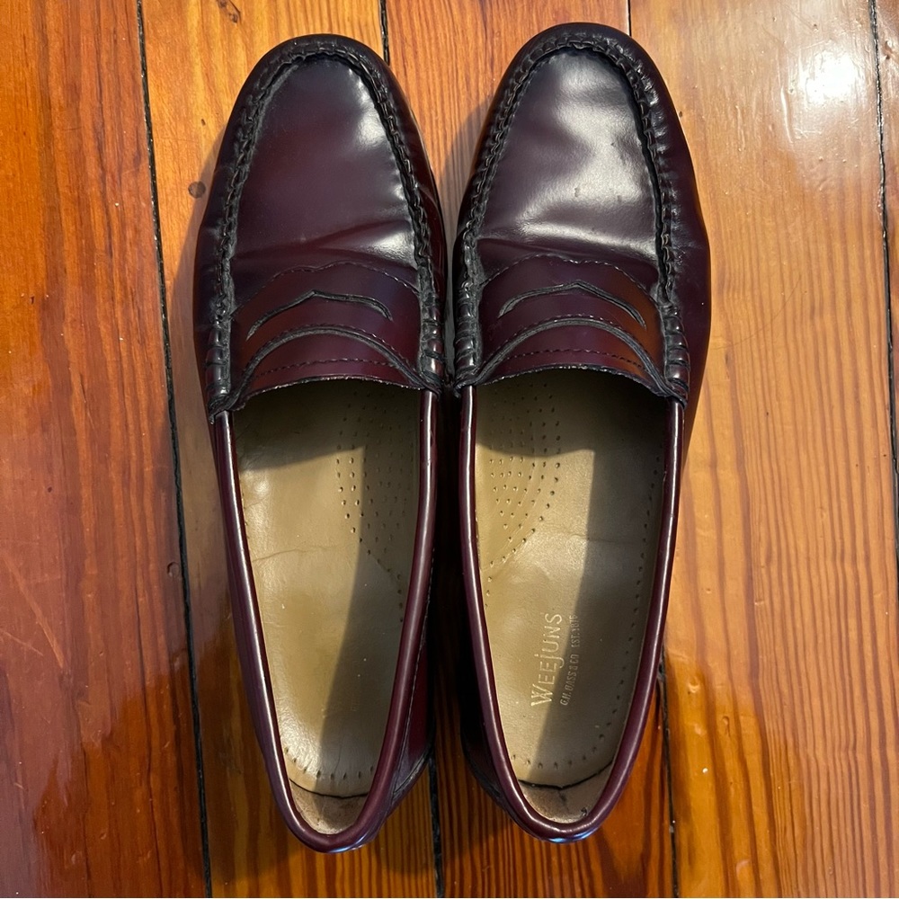 Bass Weejun penny loafers, oxblood color